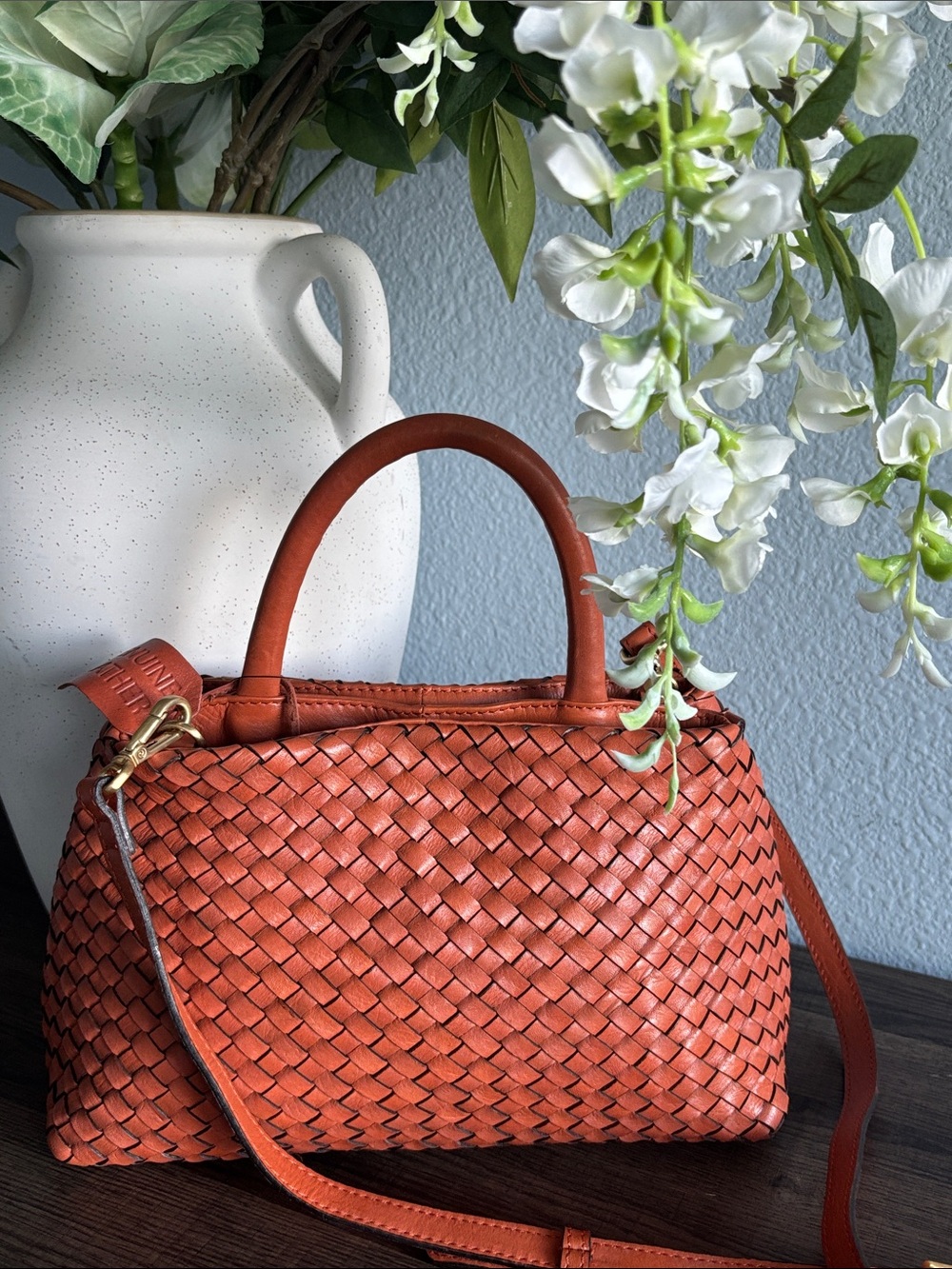 Woven Leather Top-Handle Crossbody Bag in Burnt Orange